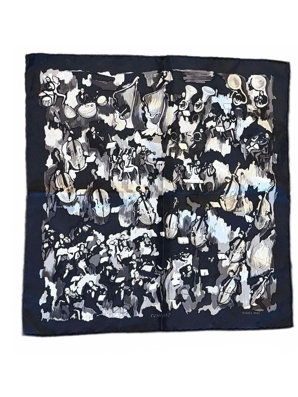 Hermes Concerto Carre 45 Vintage Silk Pocket Square Scarf Black White 16.25"